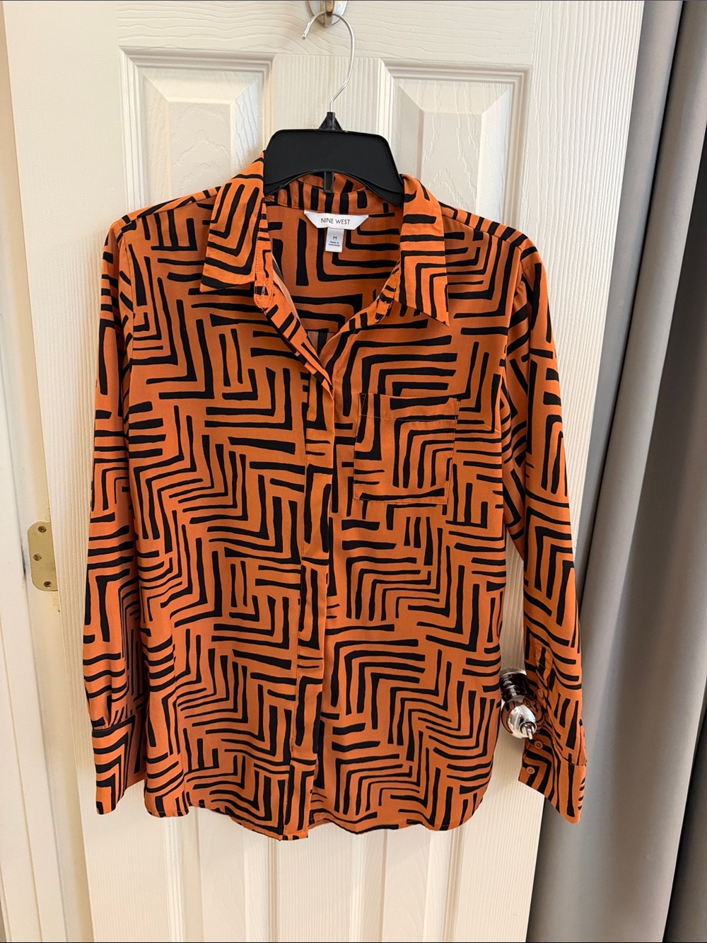 Nine West Orange and Black Geometric Button-Front Shirt